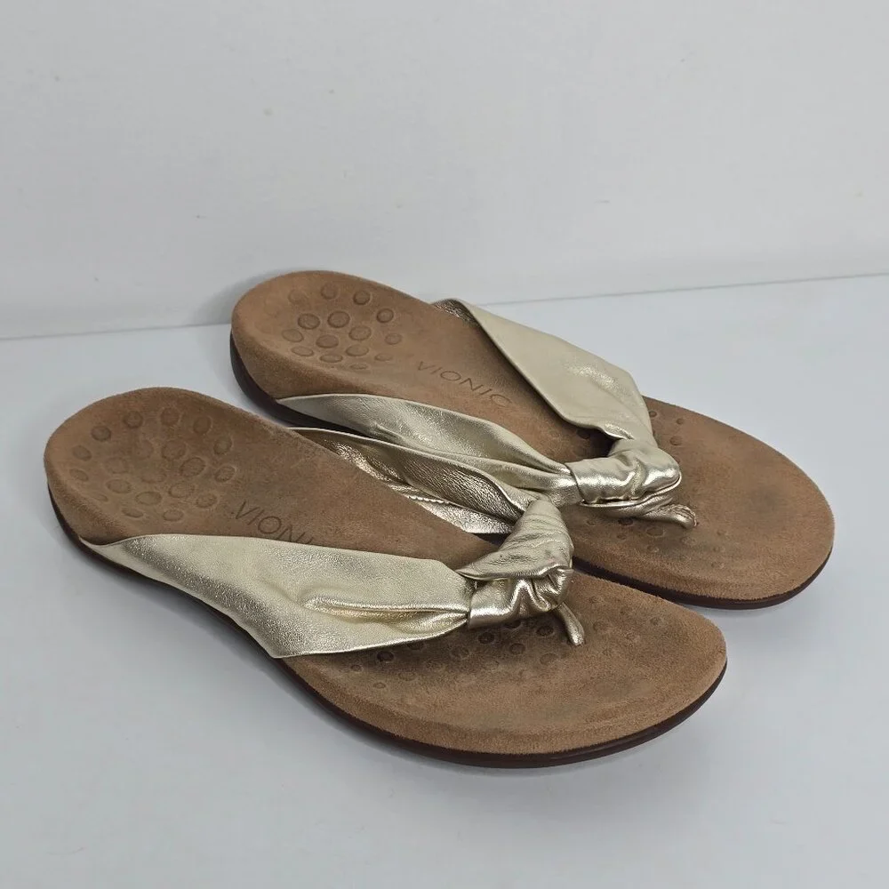 Vionic Womens Pippa Size 9.5 Gold Sandals Orthotic‎ Thong Slip On Comfort